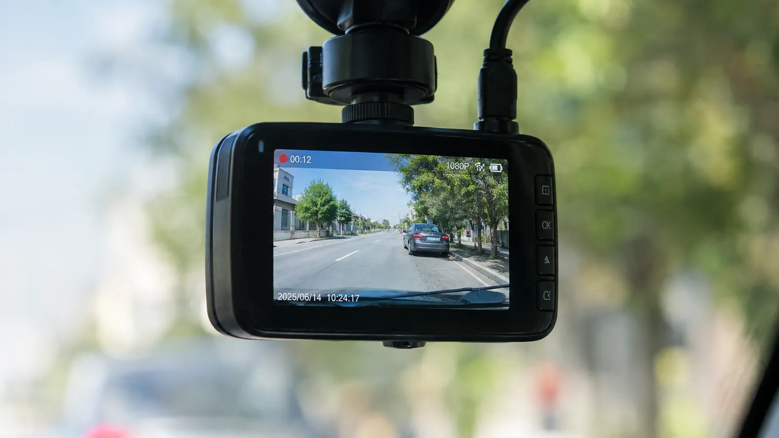 A dash cam screen showing a clear view of a road and a parked car
