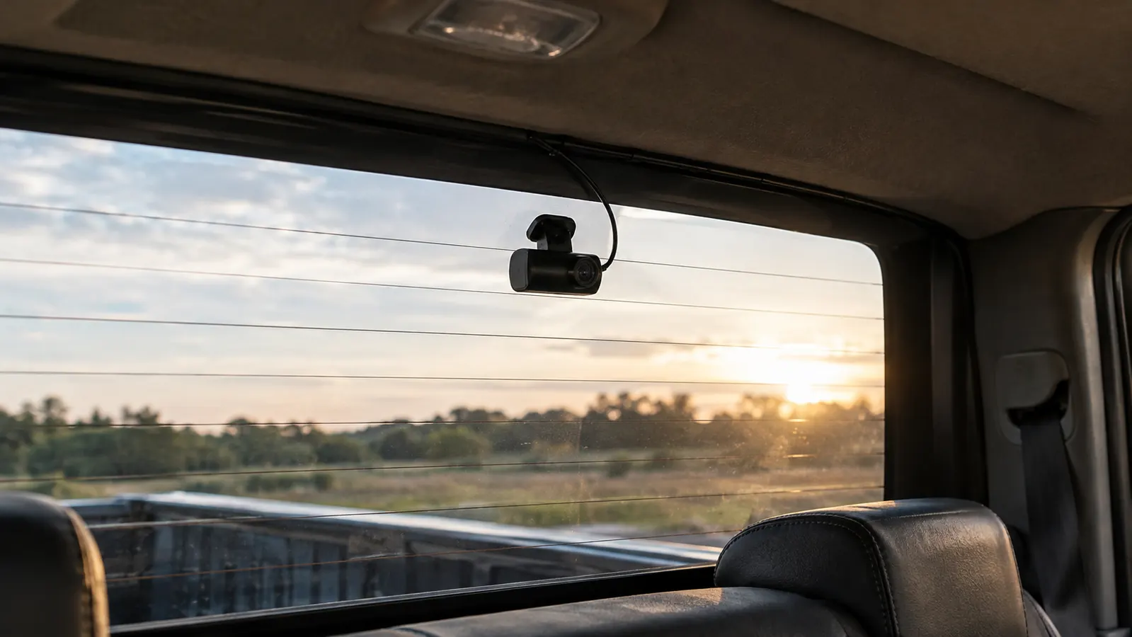 A rear dash cam mounted on the rear window of a pickup truck, cable running along the headliner