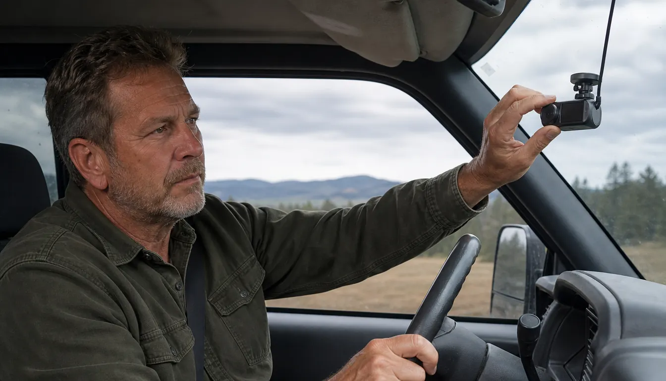 Hand adjusting the front lens of the dash cam while the camera is mounted in a parked pickup