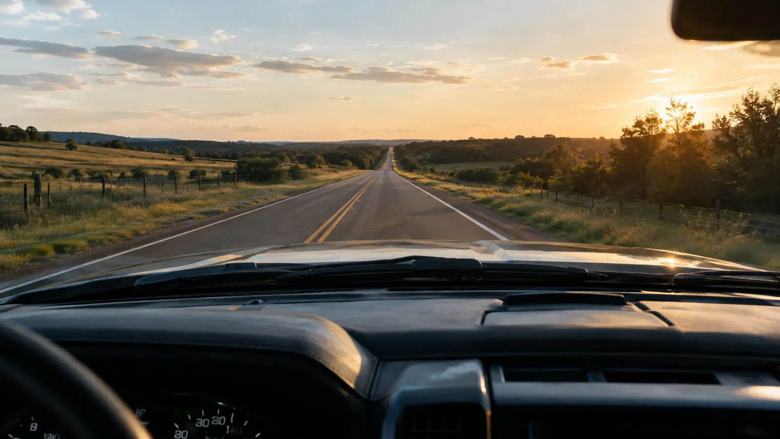 Driver's viewpoint from inside a pickup cab, road stretching ahead on a rural highway