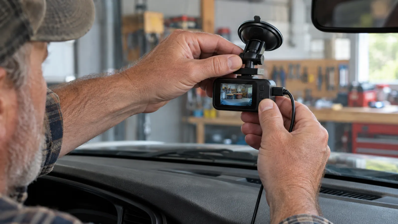 A hand mounting a dash cam on a windshield with a suction mount