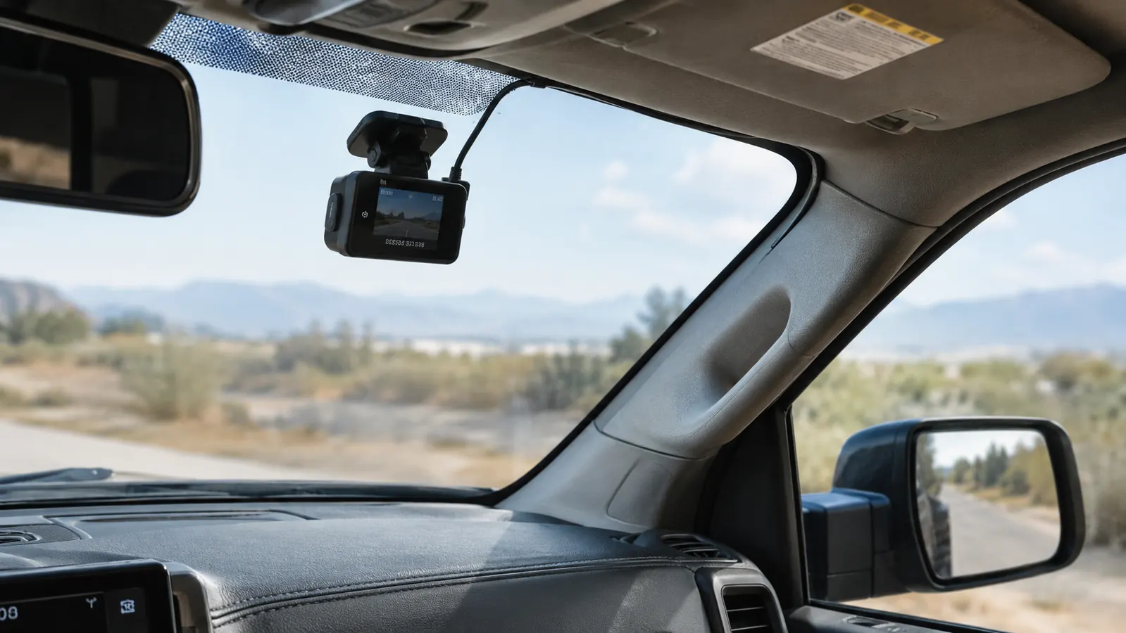A dash cam mounted on a windshield with a cable tucked along the headliner